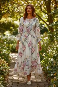 LEKKER KJOLE I LIN/VISCOSE MED SMOCK OG SMALT KNYTEBELTE BAK.  ROSA