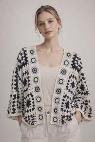 SUPER TRENDY HEKLET JAKKE MED 3/4 ERM. MARINE