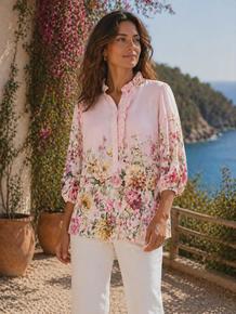 NYDELIG TOPP I LIN/ VISCOSE MED 3/4 ERMER MED STRIKK OG RYSJEDETALJER VED KNAPPESTOLPEN. ROSA